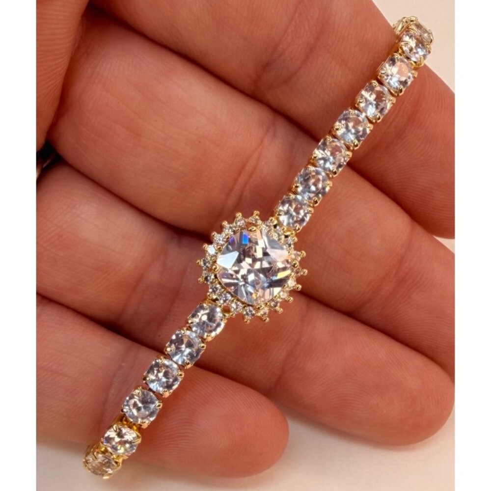 Vintage Swarovski Crystal Tennis Bracelet Halo Center Gold Overlay Slider - Picture 8 of 9